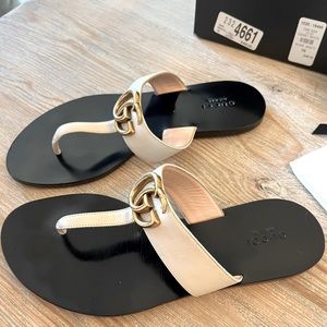 Authentic Gucci Marmont White Leather thong sandal Size 37